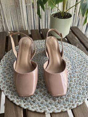 Madison Nude Patent Slingback Square-Toe Pumps